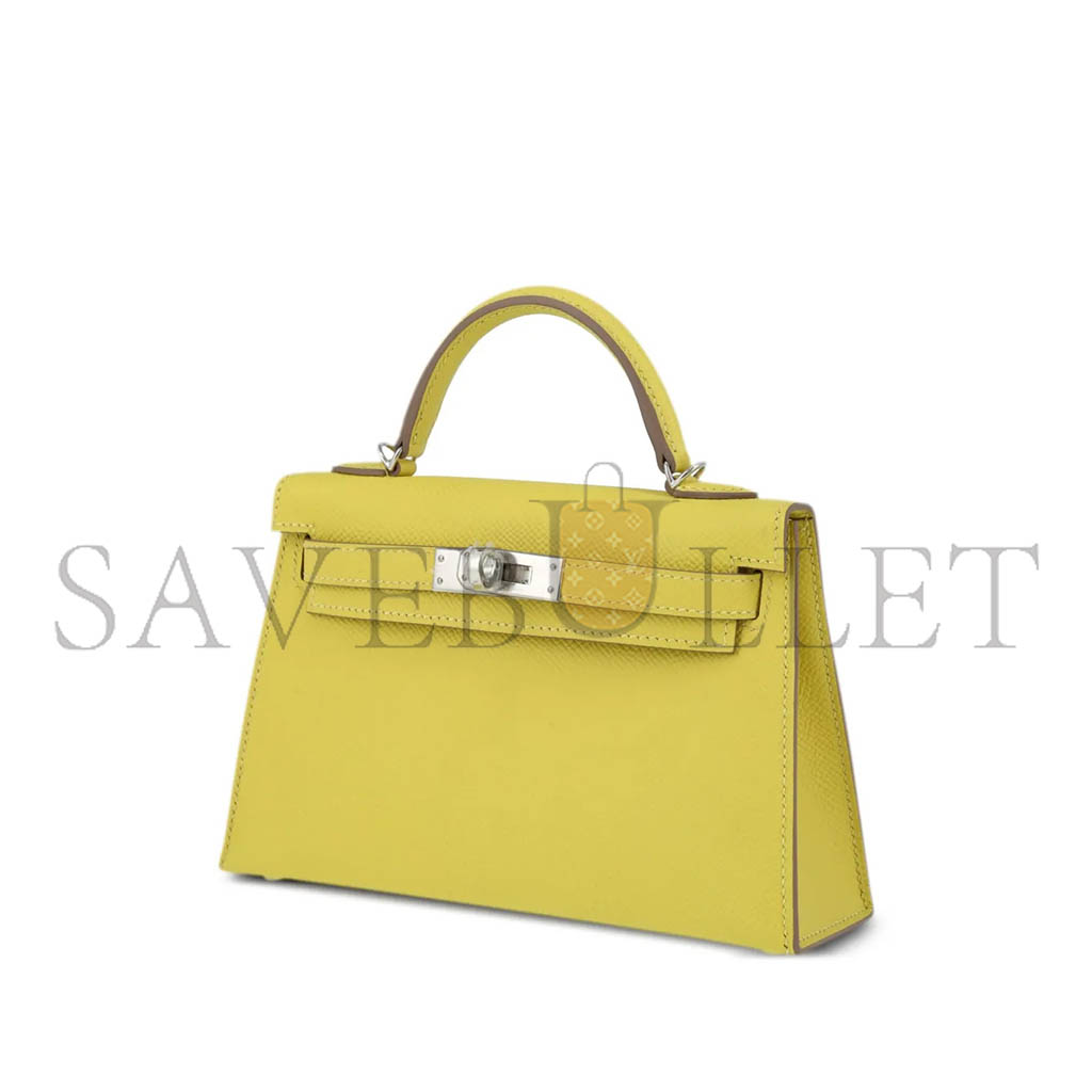 HERMÈS MINI KELLY II EPSOM LEMON YELLOW SILVER BUCKLE (19*12*5.5cm) 